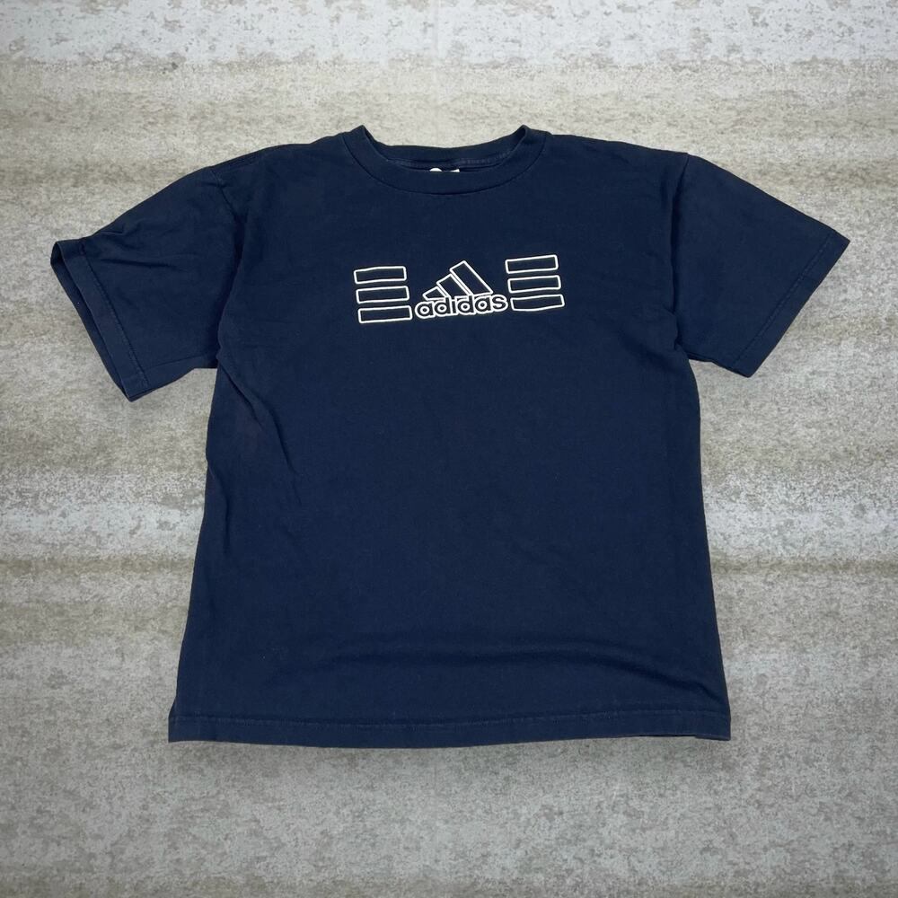 Vintage Y2K Adidas Shirt Mens S Dark Navy Blue Cotton Short Sleeve White Logo